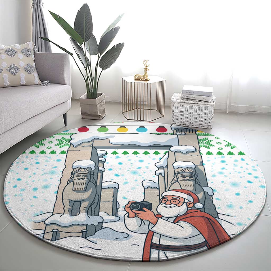 Iran Christmas Round Carpet with Santa Taking Photos Ancient Columns and Snowflake Gift Pattern - Wonder Print Shop