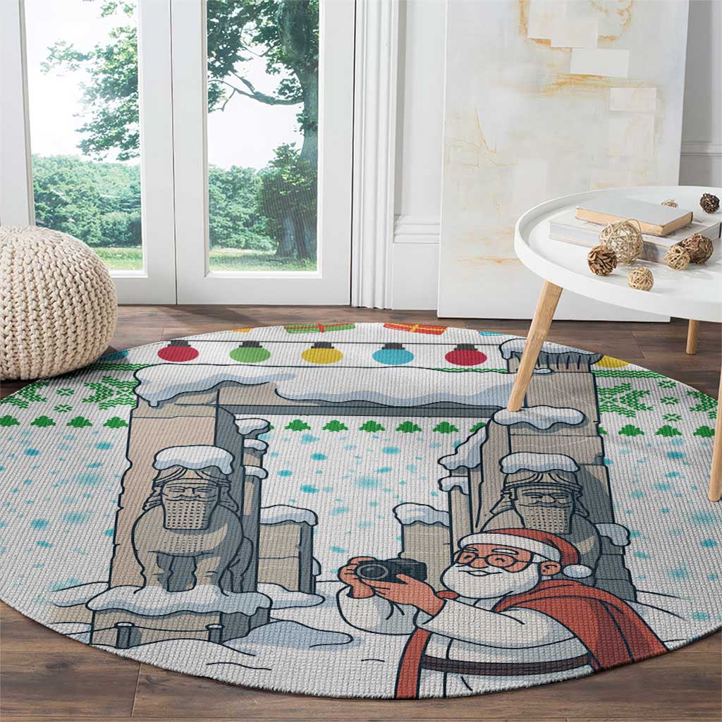 Iran Christmas Round Carpet with Santa Taking Photos Ancient Columns and Snowflake Gift Pattern - Wonder Print Shop