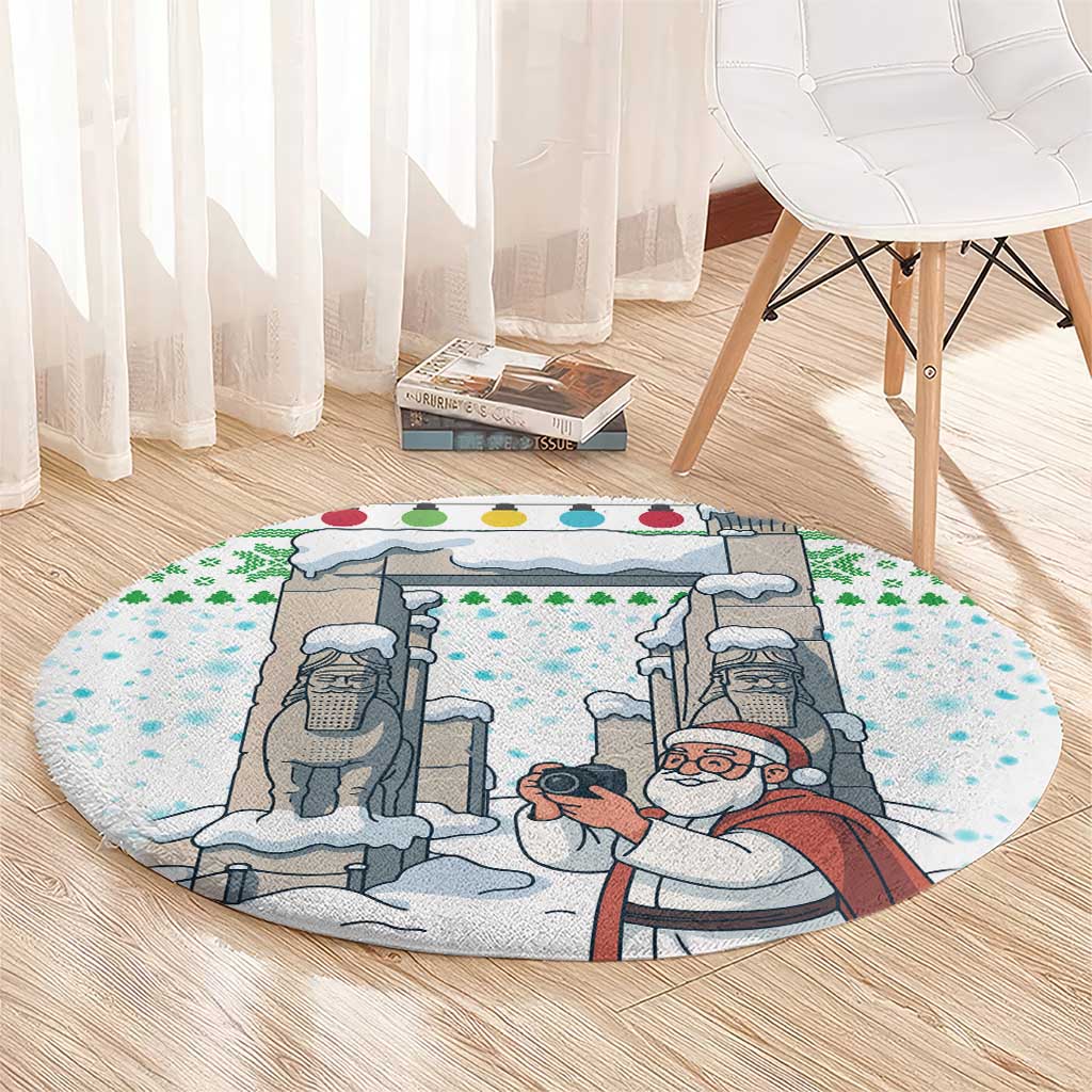 Iran Christmas Round Carpet with Santa Taking Photos Ancient Columns and Snowflake Gift Pattern - Wonder Print Shop