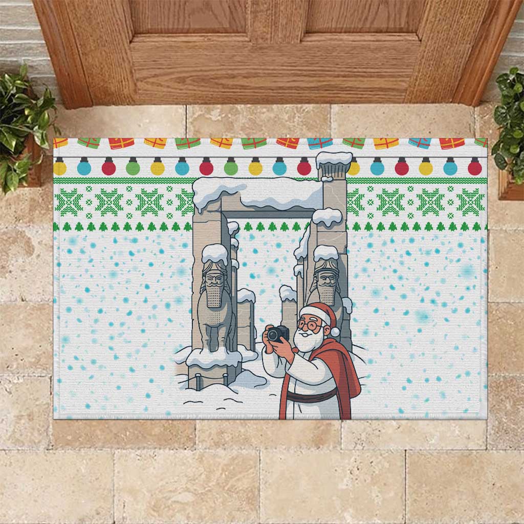 Iran Christmas Rubber Doormat with Santa Taking Photos Ancient Columns and Snowflake Gift Pattern - Wonder Print Shop