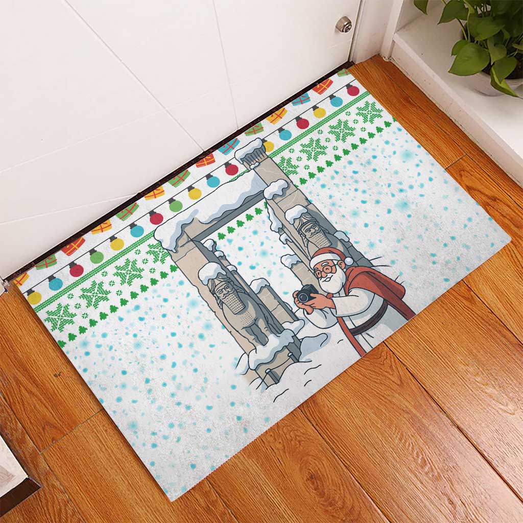 Iran Christmas Rubber Doormat with Santa Taking Photos Ancient Columns and Snowflake Gift Pattern - Wonder Print Shop