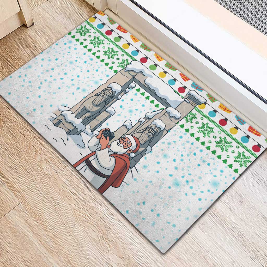 Iran Christmas Rubber Doormat with Santa Taking Photos Ancient Columns and Snowflake Gift Pattern - Wonder Print Shop