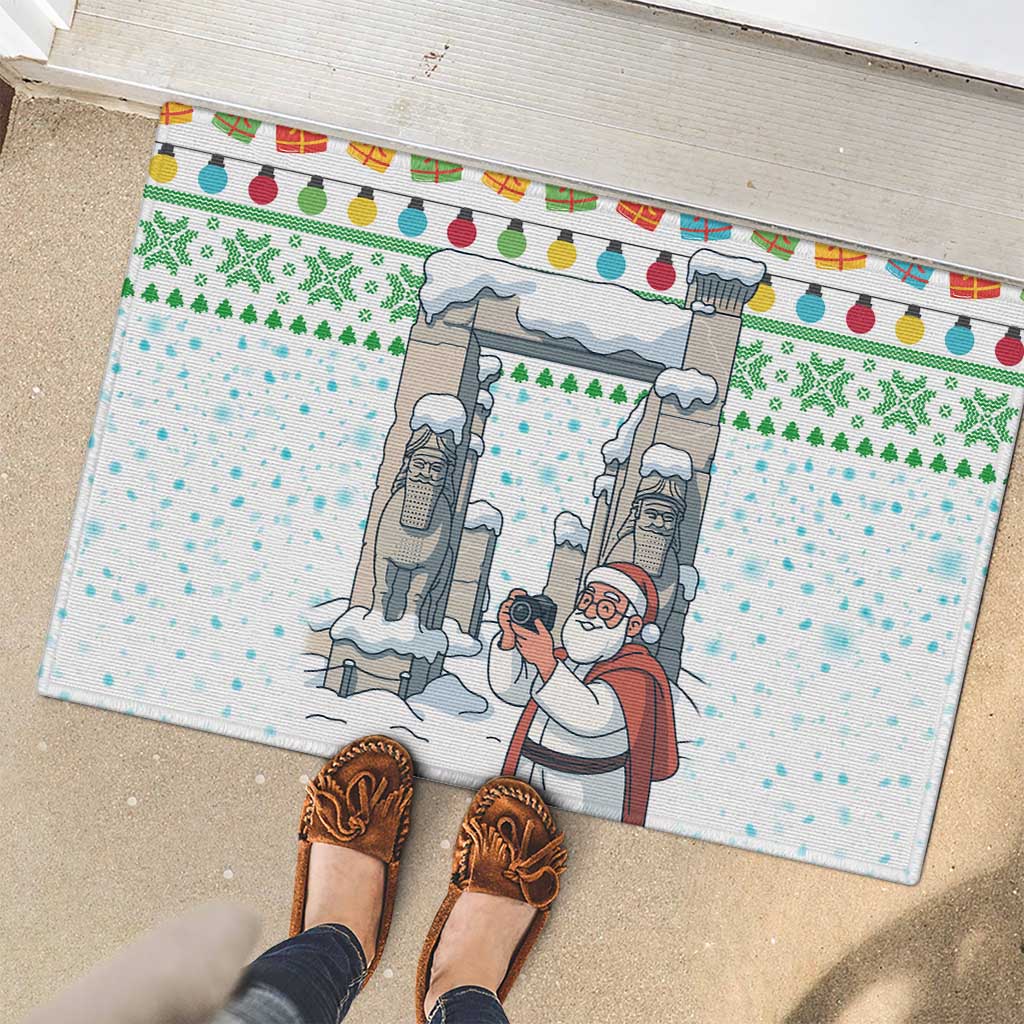 Iran Christmas Rubber Doormat with Santa Taking Photos Ancient Columns and Snowflake Gift Pattern - Wonder Print Shop