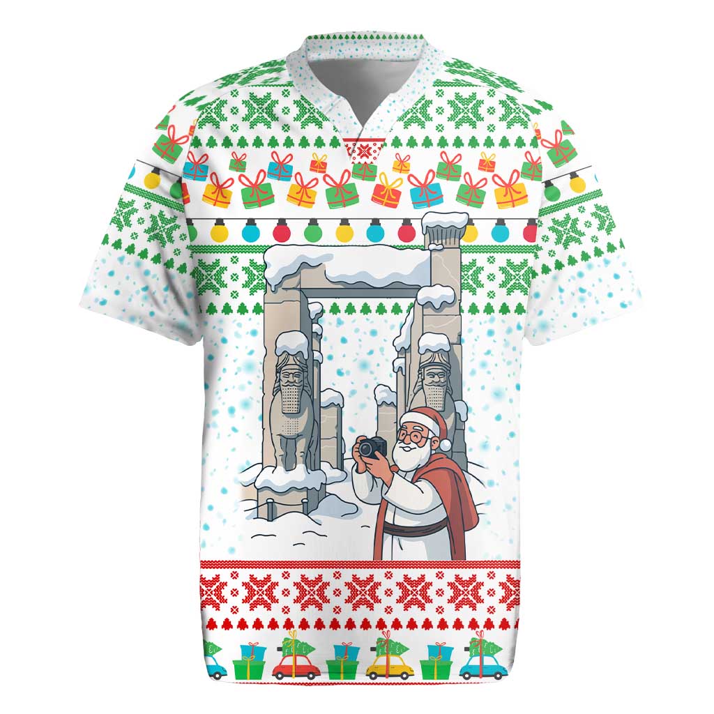 Iran Christmas Rugby Jersey with Santa Taking Photos Ancient Columns and Snowflake Gift Pattern - Wonder Print Shop