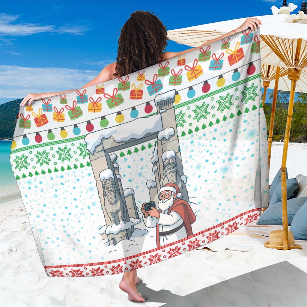 Iran Christmas Sarong with Santa Taking Photos Ancient Columns and Snowflake Gift Pattern - Wonder Print Shop
