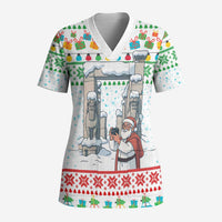 Iran Christmas Scrub Top with Santa Taking Photos Ancient Columns and Snowflake Gift Pattern - Wonder Print Shop