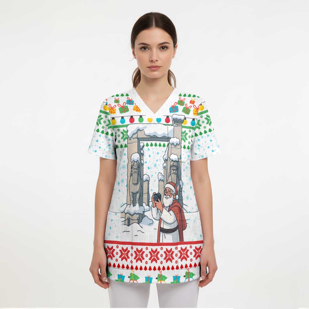 Iran Christmas Scrub Top with Santa Taking Photos Ancient Columns and Snowflake Gift Pattern - Wonder Print Shop