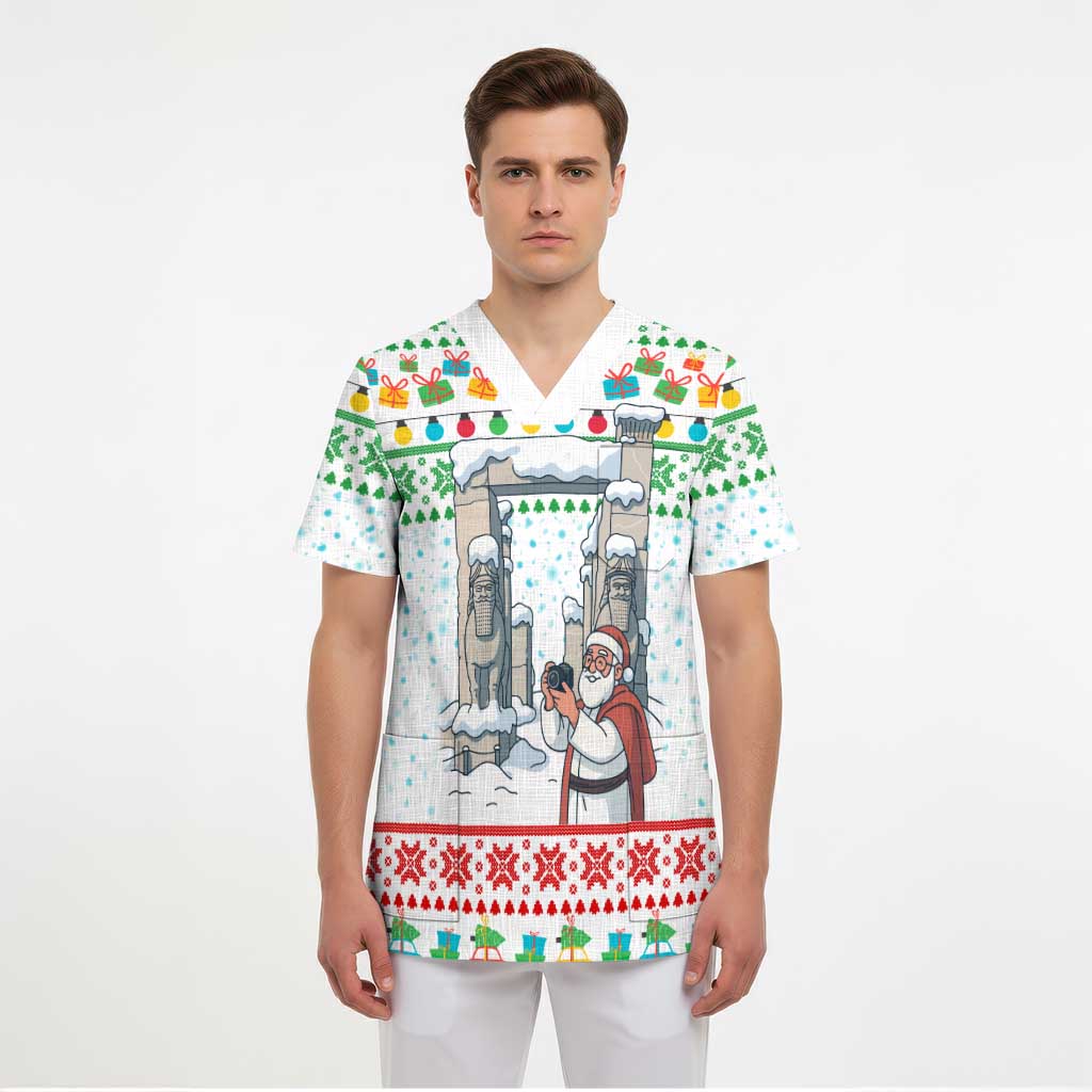 Iran Christmas Scrub Top with Santa Taking Photos Ancient Columns and Snowflake Gift Pattern - Wonder Print Shop