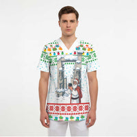 Iran Christmas Scrub Top with Santa Taking Photos Ancient Columns and Snowflake Gift Pattern - Wonder Print Shop