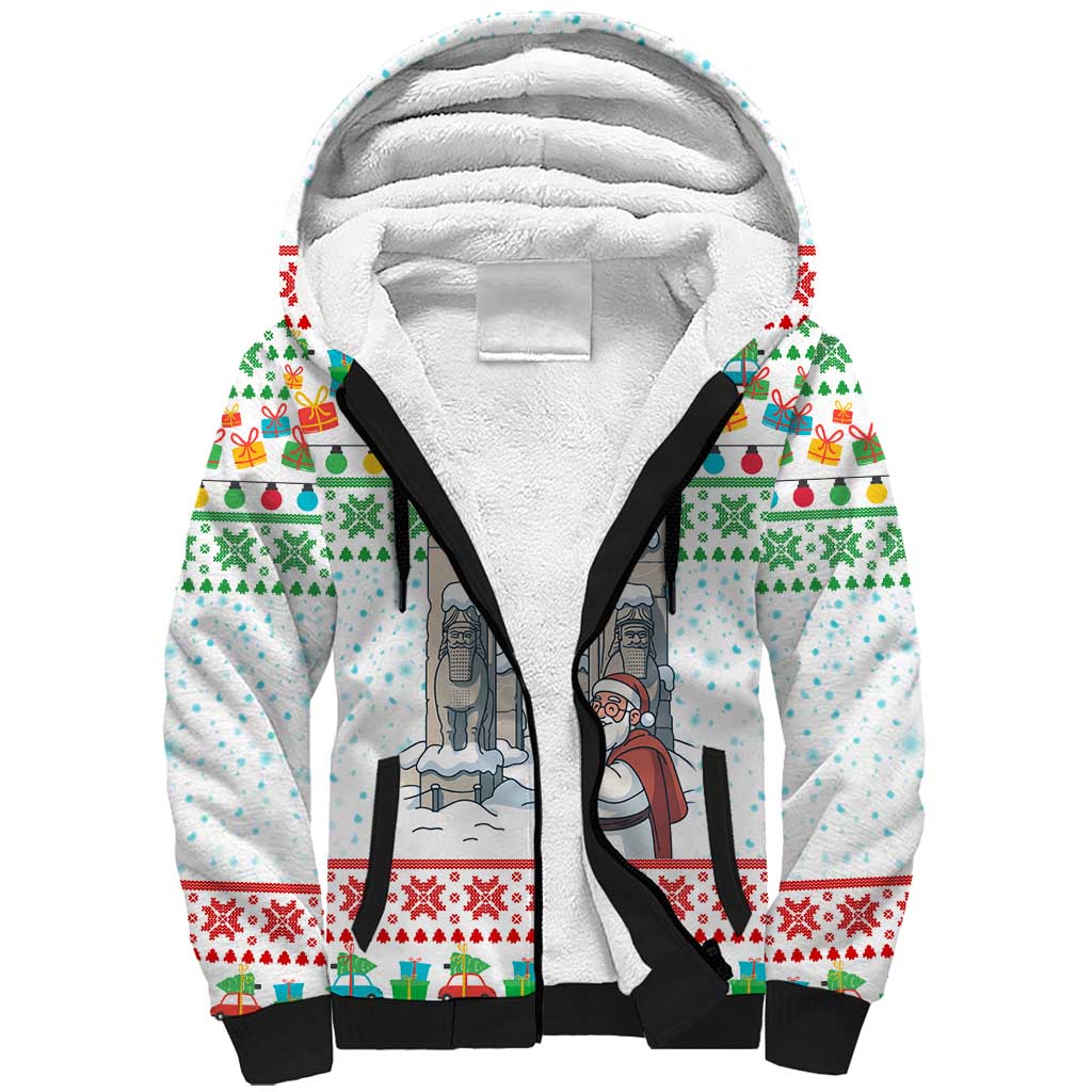 Iran Christmas Sherpa Hoodie with Santa Taking Photos Ancient Columns and Snowflake Gift Pattern - Wonder Print Shop