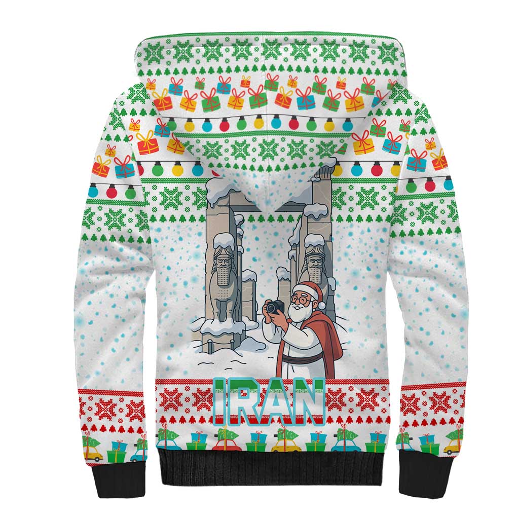 Iran Christmas Sherpa Hoodie with Santa Taking Photos Ancient Columns and Snowflake Gift Pattern - Wonder Print Shop