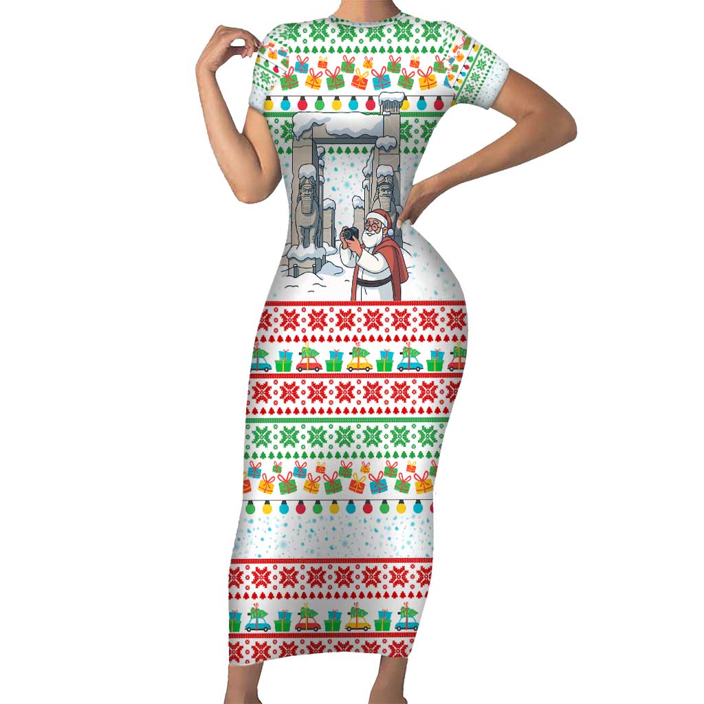 Iran Christmas Short Sleeve Bodycon Dress with Santa Taking Photos Ancient Columns and Snowflake Gift Pattern - Wonder Print Shop