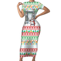Iran Christmas Short Sleeve Bodycon Dress with Santa Taking Photos Ancient Columns and Snowflake Gift Pattern - Wonder Print Shop