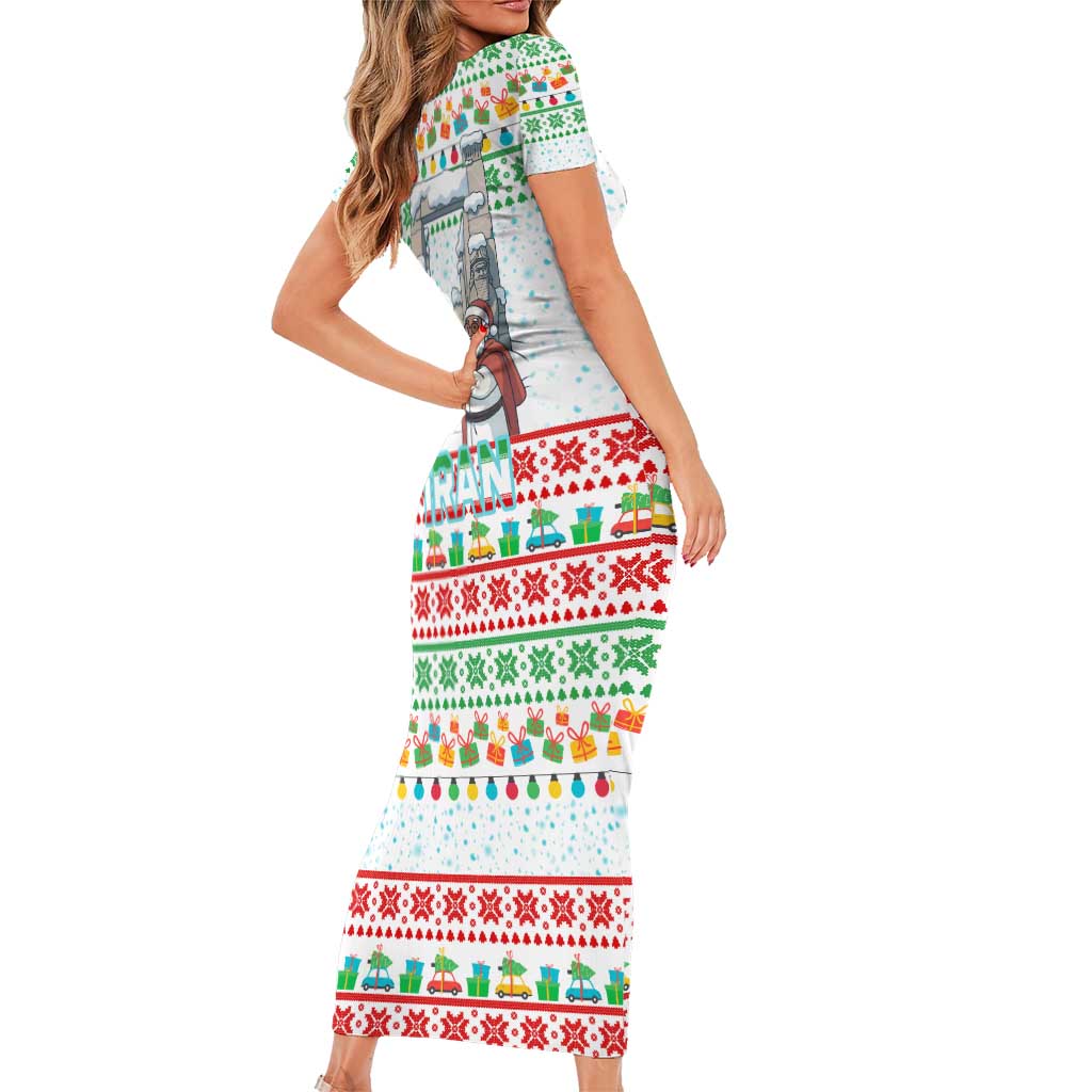 Iran Christmas Short Sleeve Bodycon Dress with Santa Taking Photos Ancient Columns and Snowflake Gift Pattern - Wonder Print Shop