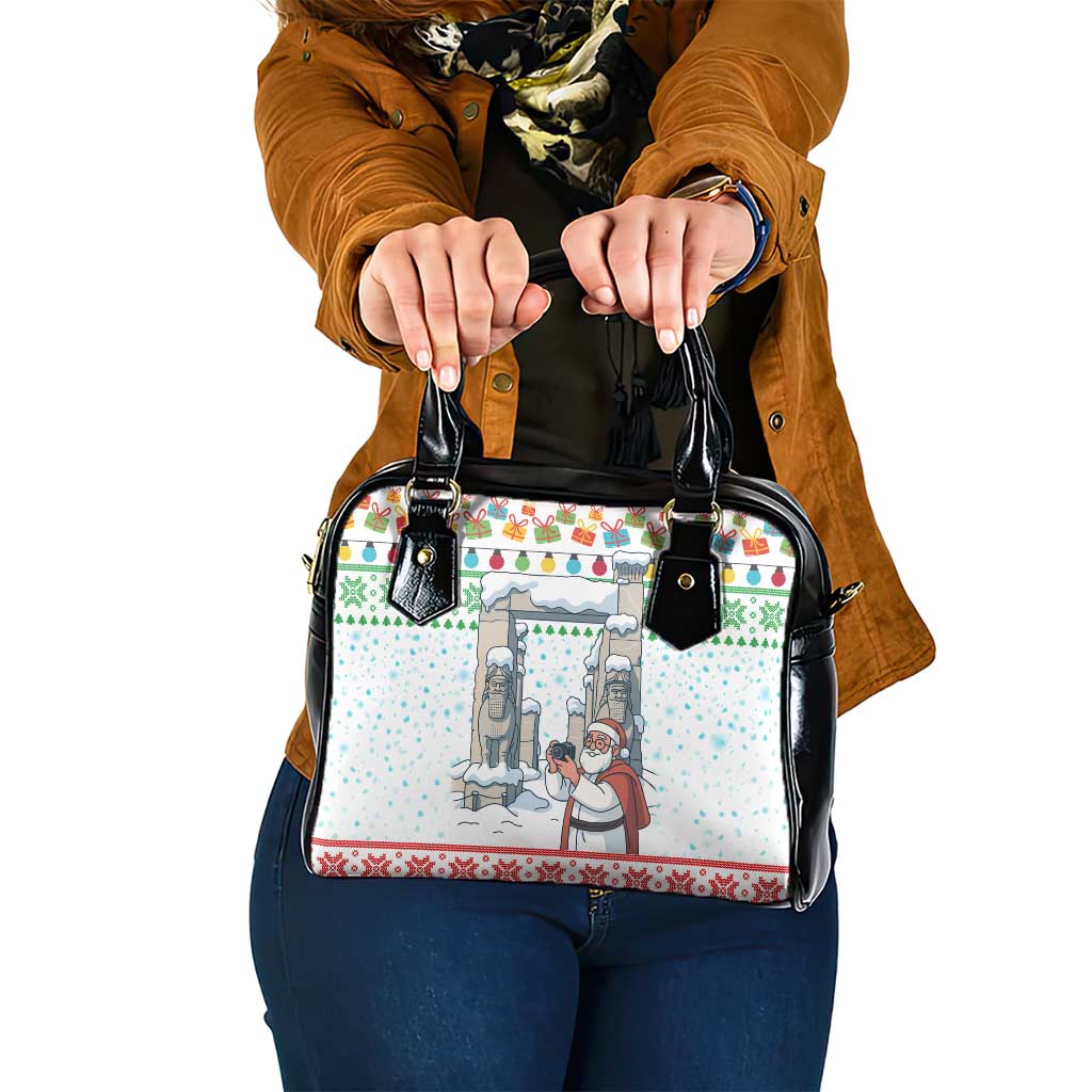 Iran Christmas Shoulder Handbag with Santa Taking Photos Ancient Columns and Snowflake Gift Pattern - Wonder Print Shop