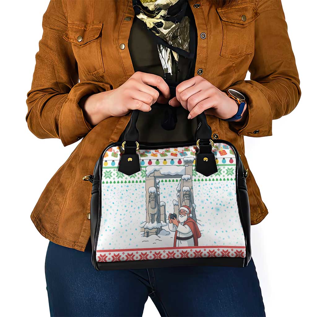 Iran Christmas Shoulder Handbag with Santa Taking Photos Ancient Columns and Snowflake Gift Pattern - Wonder Print Shop
