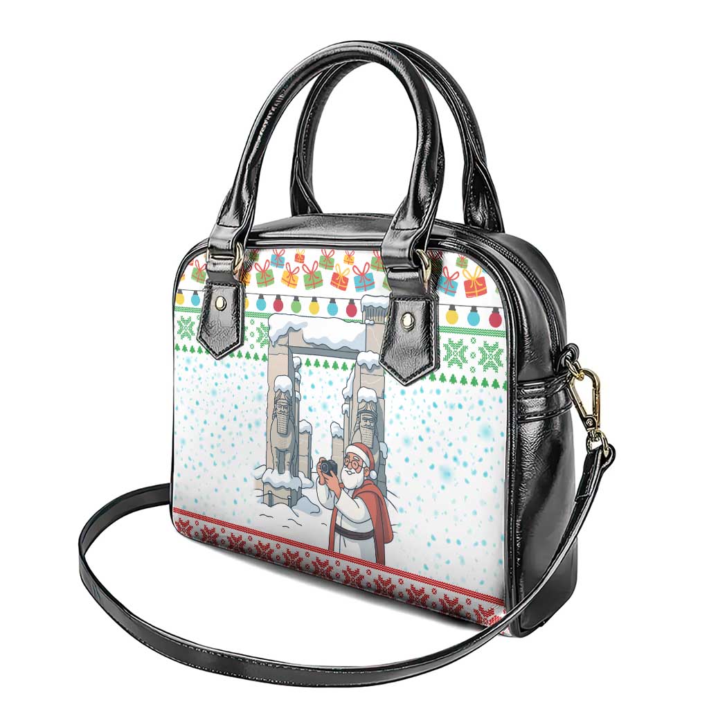 Iran Christmas Shoulder Handbag with Santa Taking Photos Ancient Columns and Snowflake Gift Pattern - Wonder Print Shop