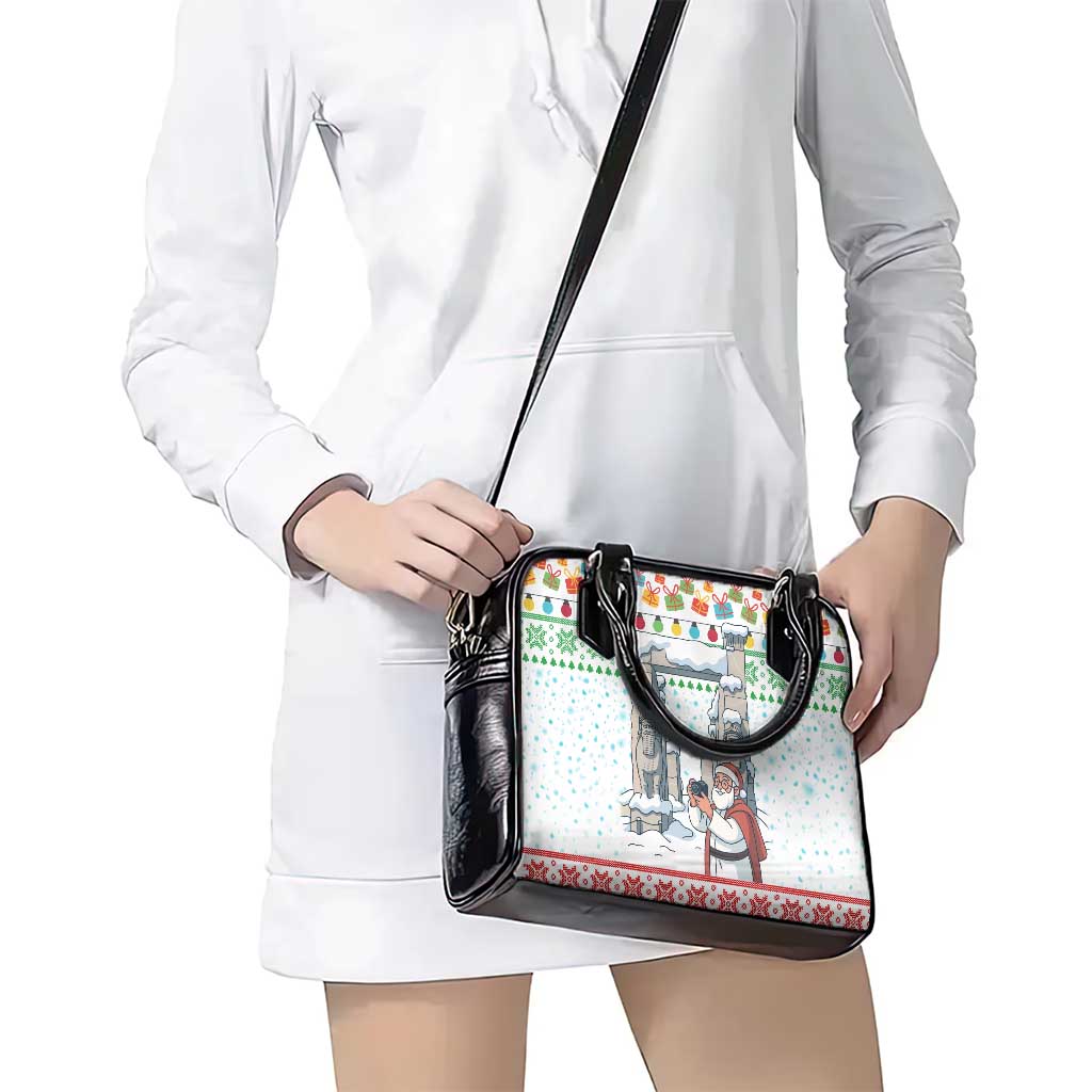 Iran Christmas Shoulder Handbag with Santa Taking Photos Ancient Columns and Snowflake Gift Pattern - Wonder Print Shop