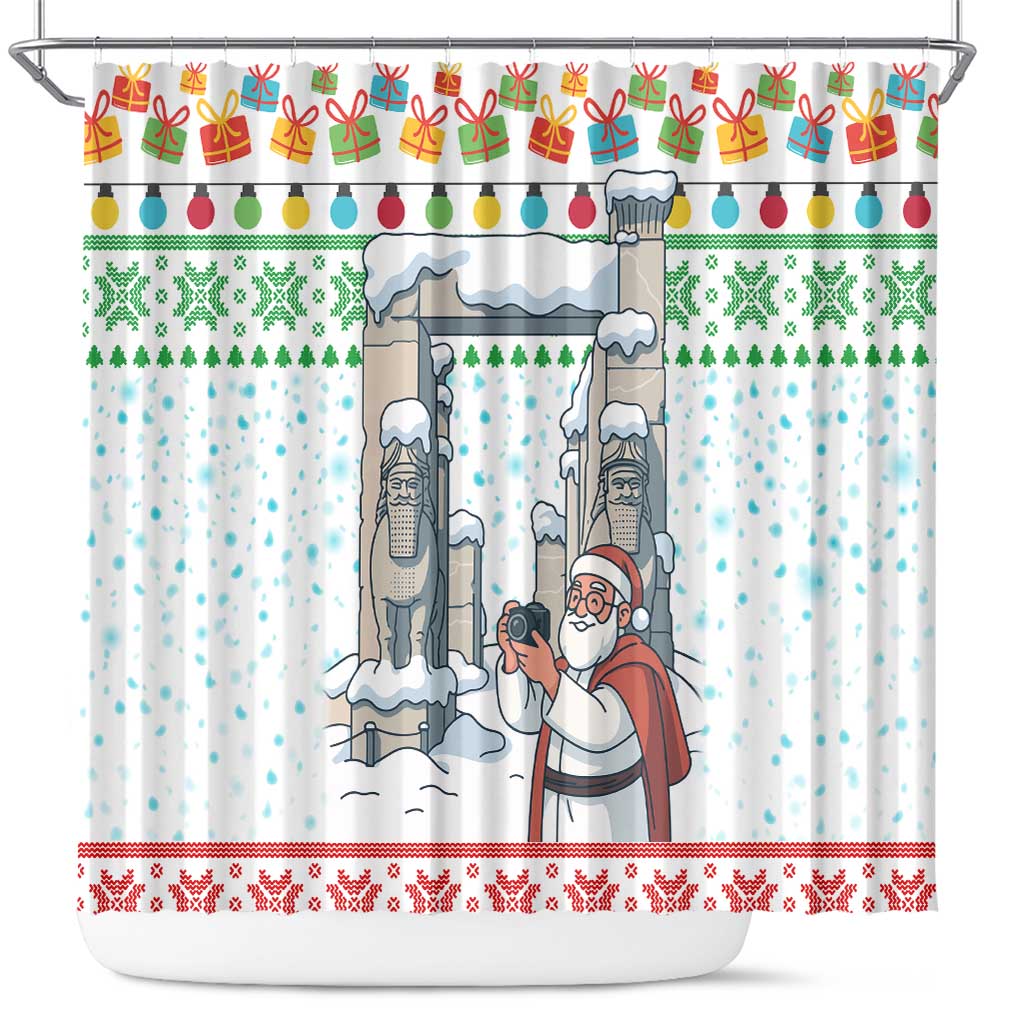 Iran Christmas Shower Curtain with Santa Taking Photos Ancient Columns and Snowflake Gift Pattern - Wonder Print Shop