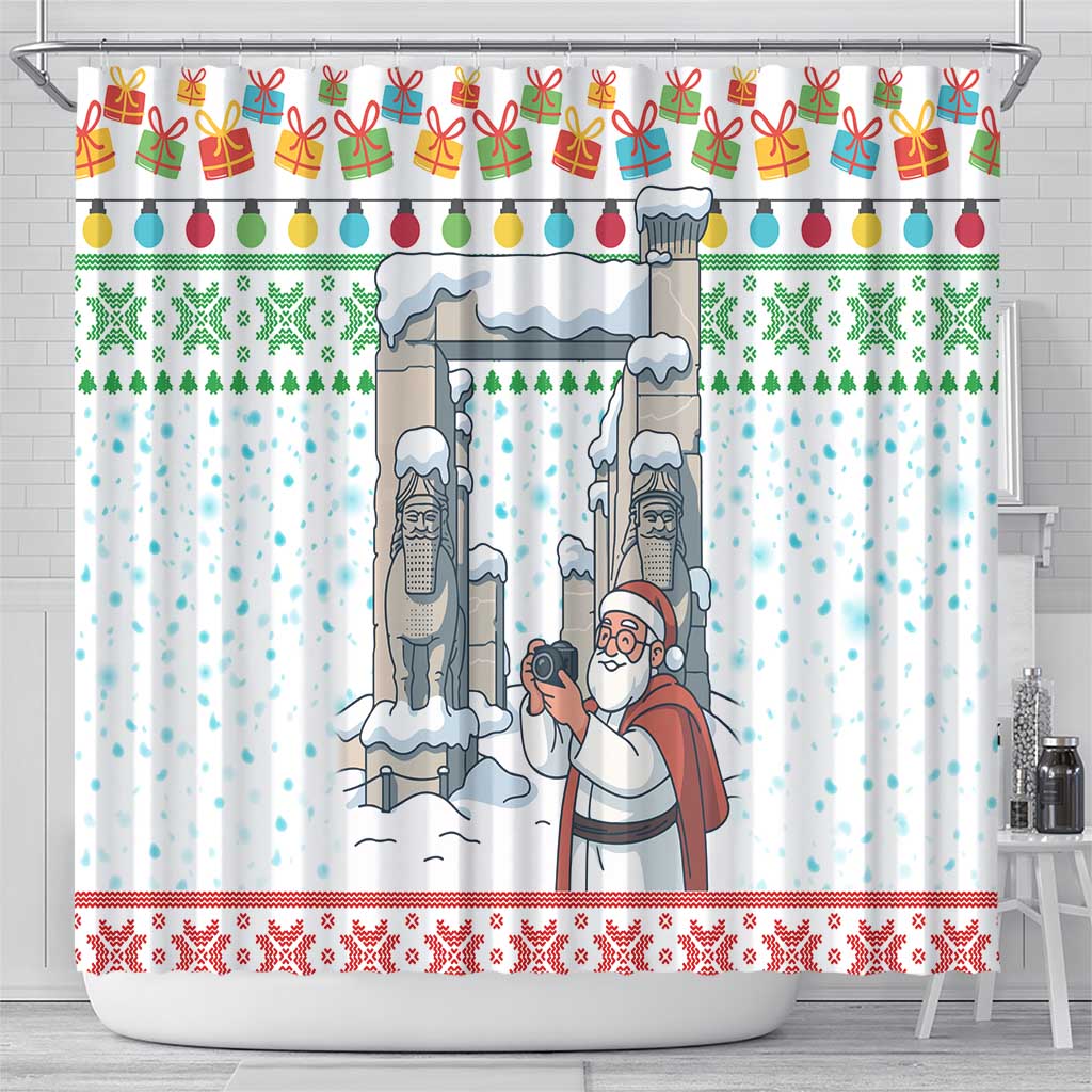 Iran Christmas Shower Curtain with Santa Taking Photos Ancient Columns and Snowflake Gift Pattern - Wonder Print Shop