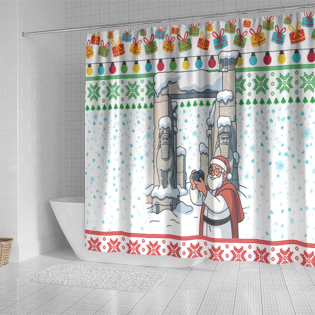 Iran Christmas Shower Curtain with Santa Taking Photos Ancient Columns and Snowflake Gift Pattern - Wonder Print Shop