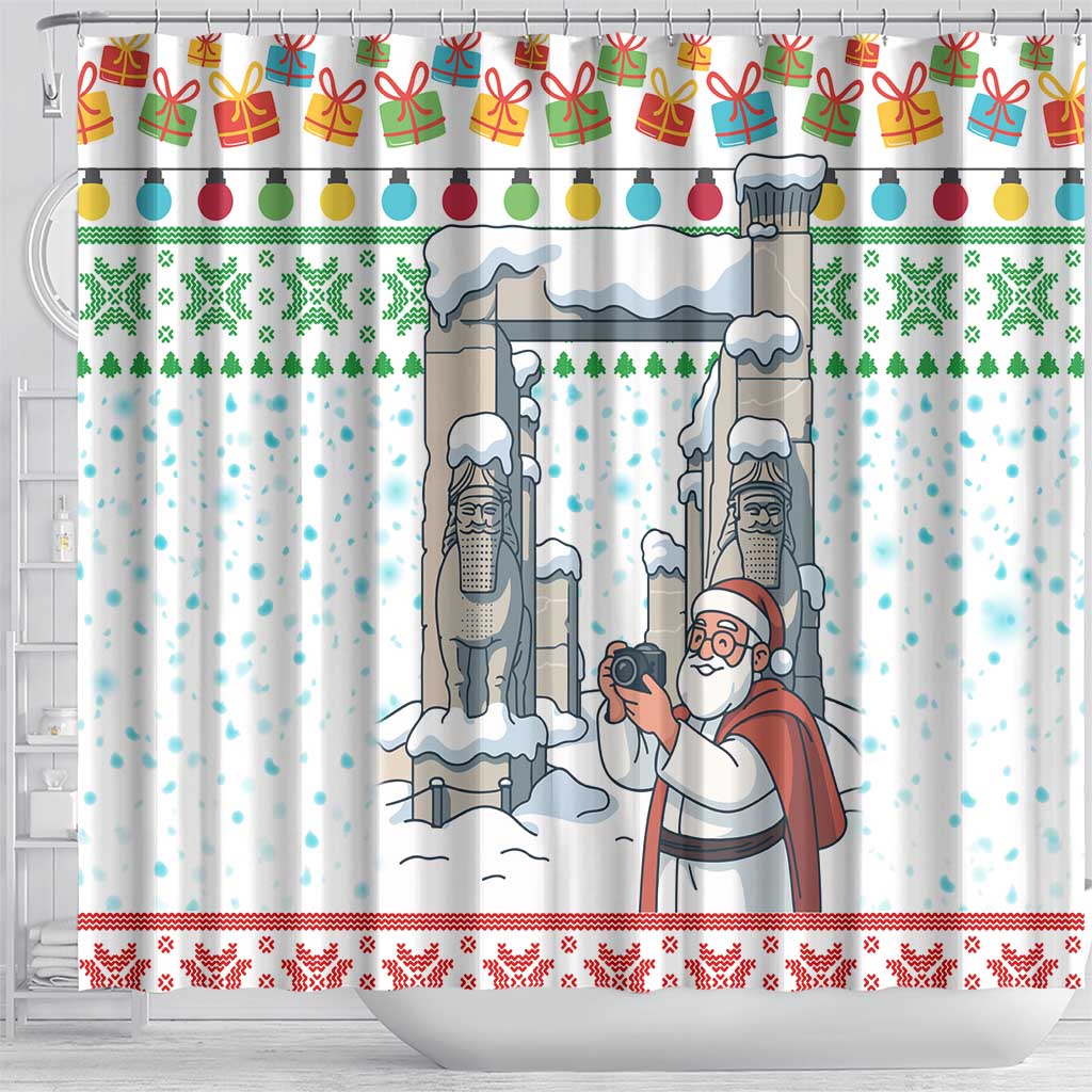 Iran Christmas Shower Curtain with Santa Taking Photos Ancient Columns and Snowflake Gift Pattern - Wonder Print Shop