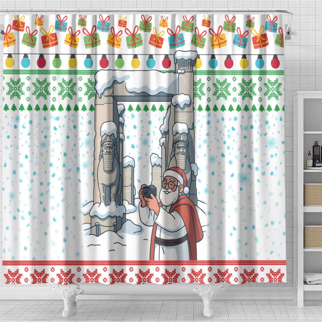 Iran Christmas Shower Curtain with Santa Taking Photos Ancient Columns and Snowflake Gift Pattern - Wonder Print Shop