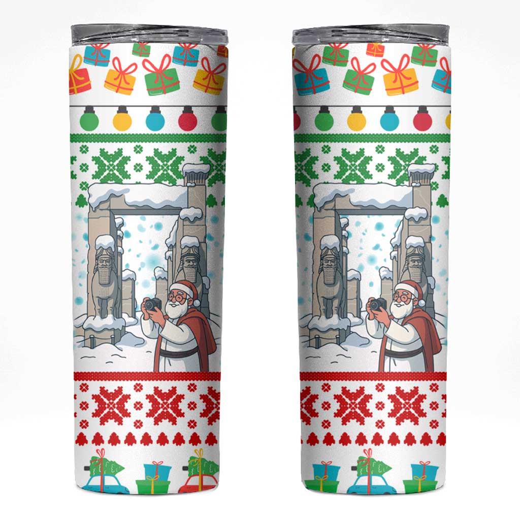 Iran Christmas Skinny Tumbler with Santa Taking Photos Ancient Columns and Snowflake Gift Pattern - Wonder Print Shop