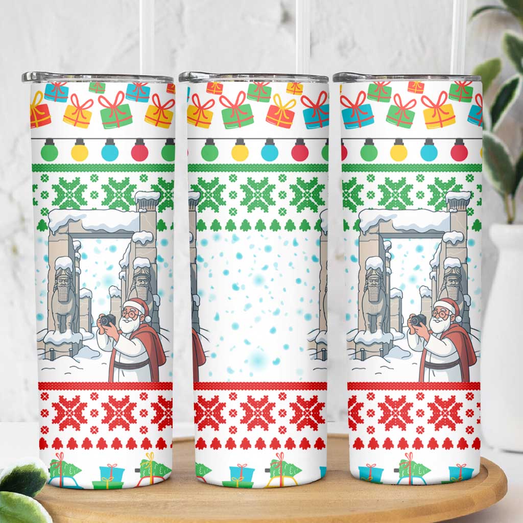 Iran Christmas Skinny Tumbler with Santa Taking Photos Ancient Columns and Snowflake Gift Pattern - Wonder Print Shop