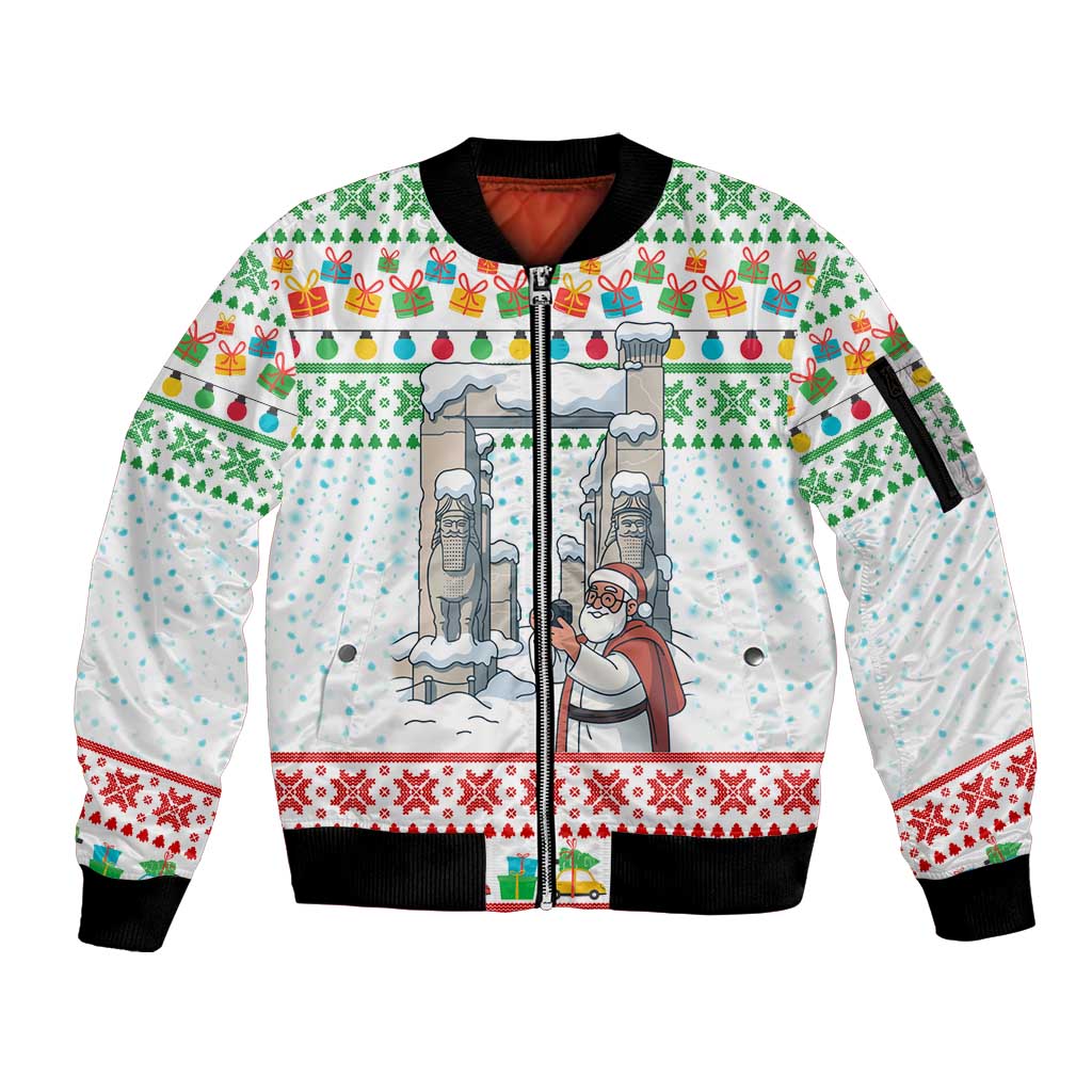 Iran Christmas Sleeve Zip Bomber Jacket with Santa Taking Photos Ancient Columns and Snowflake Gift Pattern - Wonder Print Shop