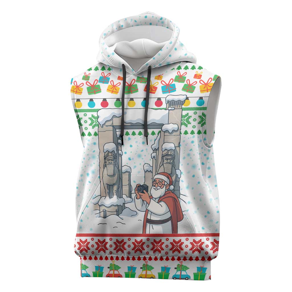 Iran Christmas Sleeveless Hoodie with Santa Taking Photos Ancient Columns and Snowflake Gift Pattern - Wonder Print Shop