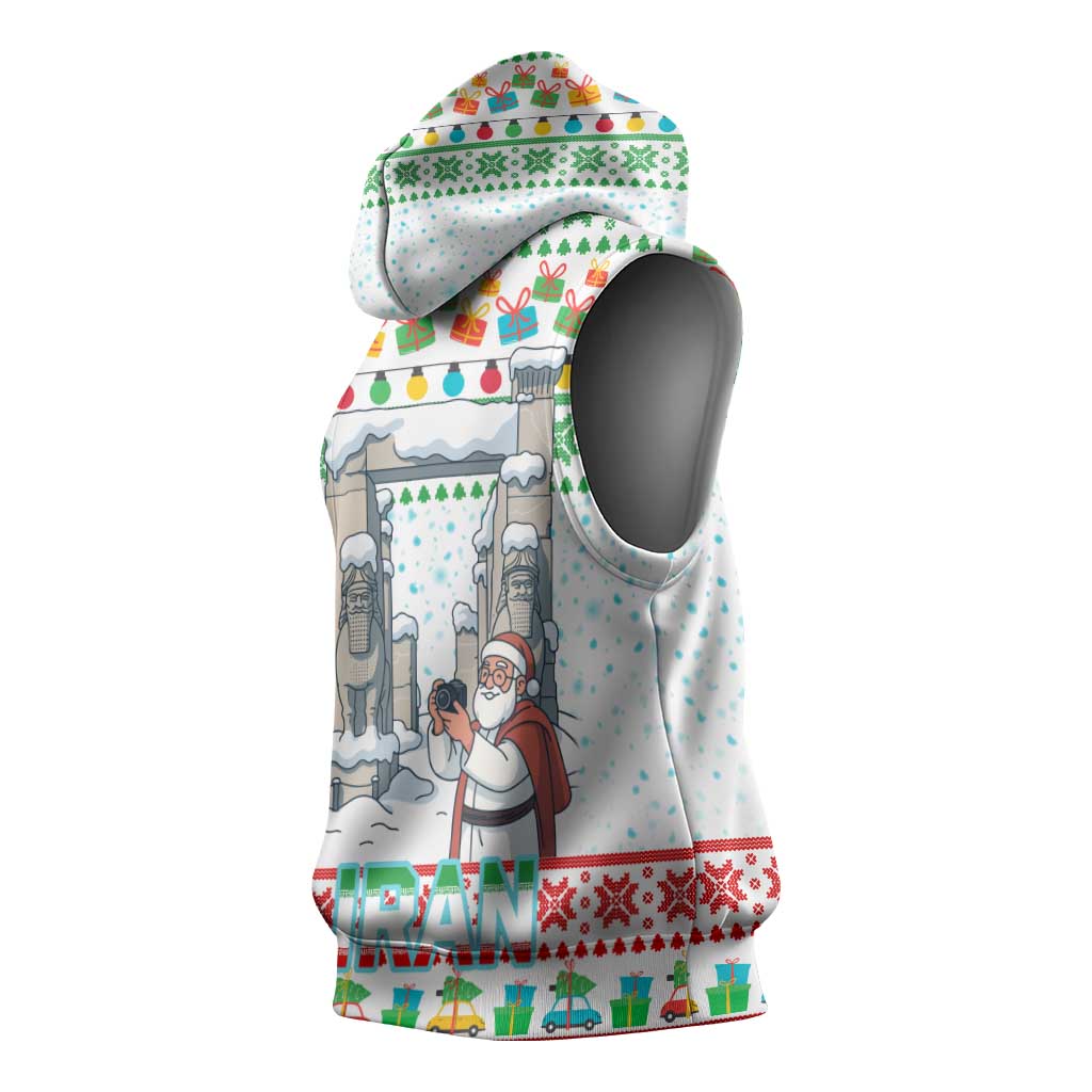 Iran Christmas Sleeveless Hoodie with Santa Taking Photos Ancient Columns and Snowflake Gift Pattern - Wonder Print Shop