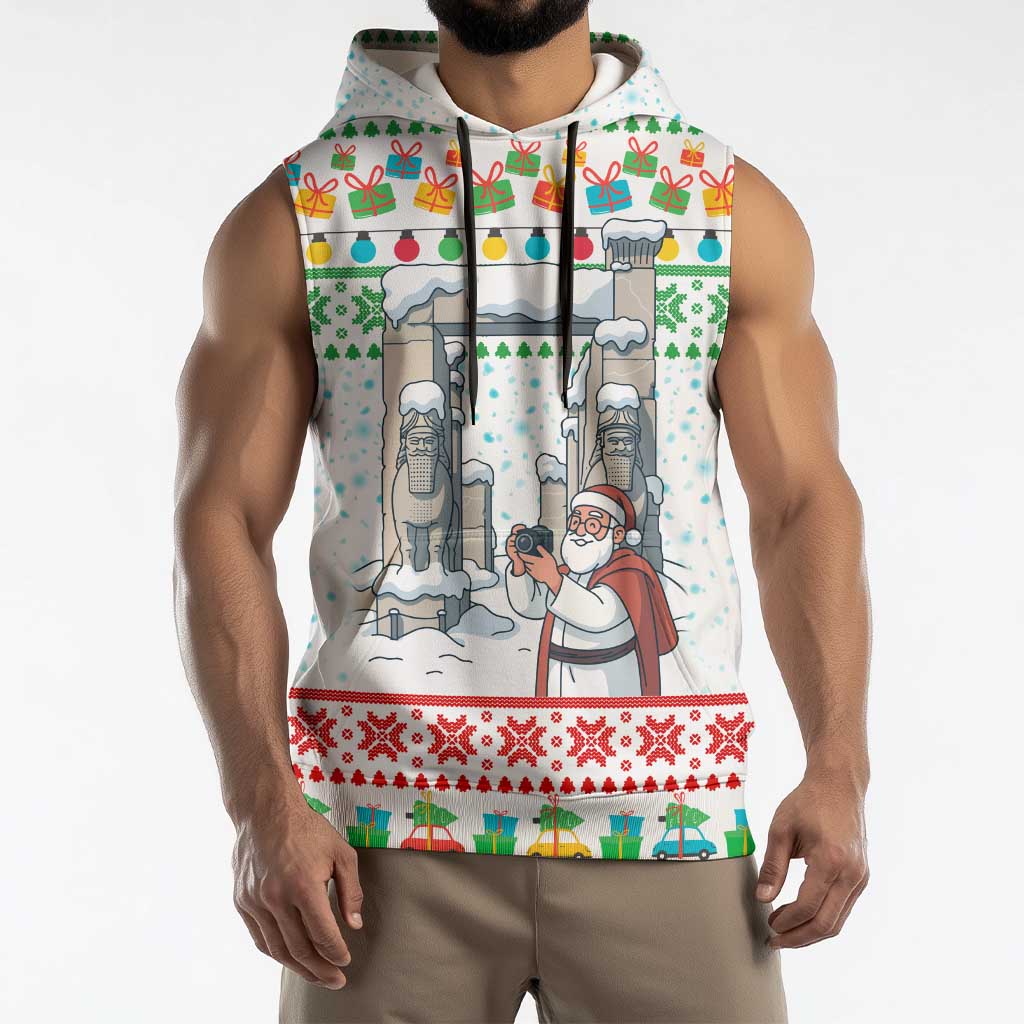 Iran Christmas Sleeveless Hoodie with Santa Taking Photos Ancient Columns and Snowflake Gift Pattern - Wonder Print Shop