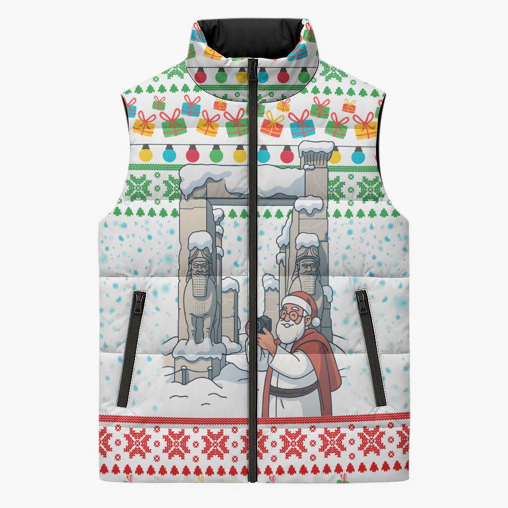 Iran Christmas Sleeveless Puffer Jacket with Santa Taking Photos Ancient Columns and Snowflake Gift Pattern - Wonder Print Shop