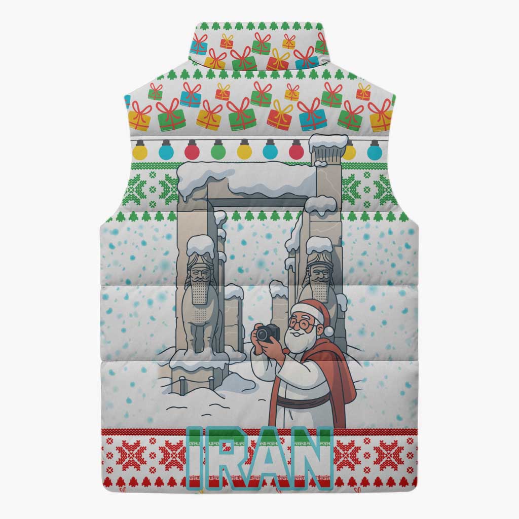 Iran Christmas Sleeveless Puffer Jacket with Santa Taking Photos Ancient Columns and Snowflake Gift Pattern - Wonder Print Shop
