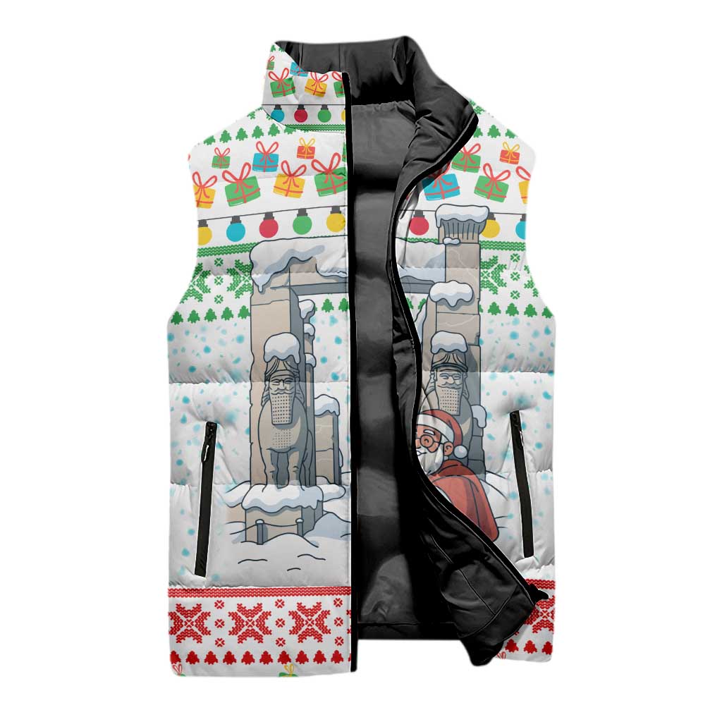 Iran Christmas Sleeveless Puffer Jacket with Santa Taking Photos Ancient Columns and Snowflake Gift Pattern - Wonder Print Shop