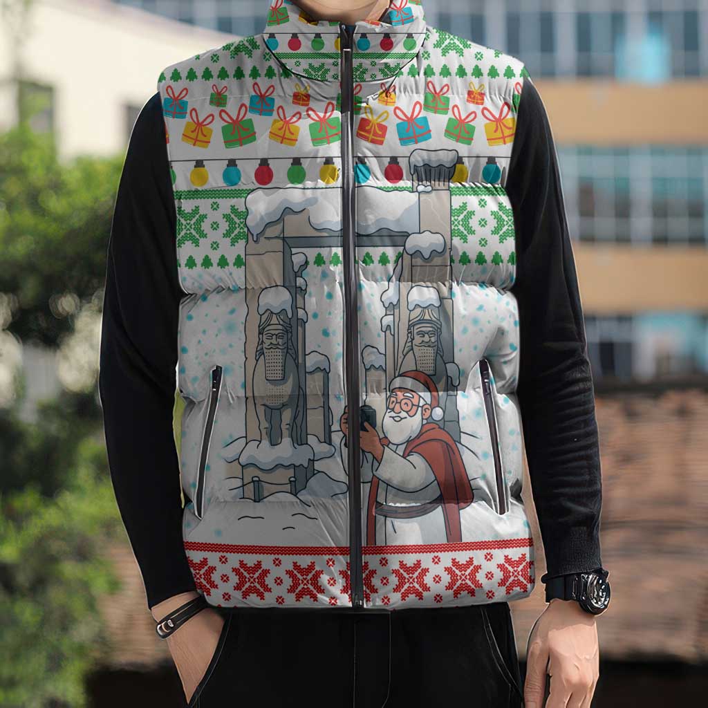 Iran Christmas Sleeveless Puffer Jacket with Santa Taking Photos Ancient Columns and Snowflake Gift Pattern - Wonder Print Shop