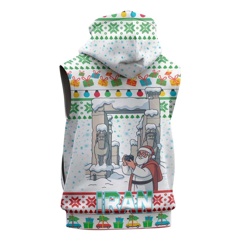 Iran Christmas Sleeveless Zip Hoodie with Santa Taking Photos Ancient Columns and Snowflake Gift Pattern - Wonder Print Shop