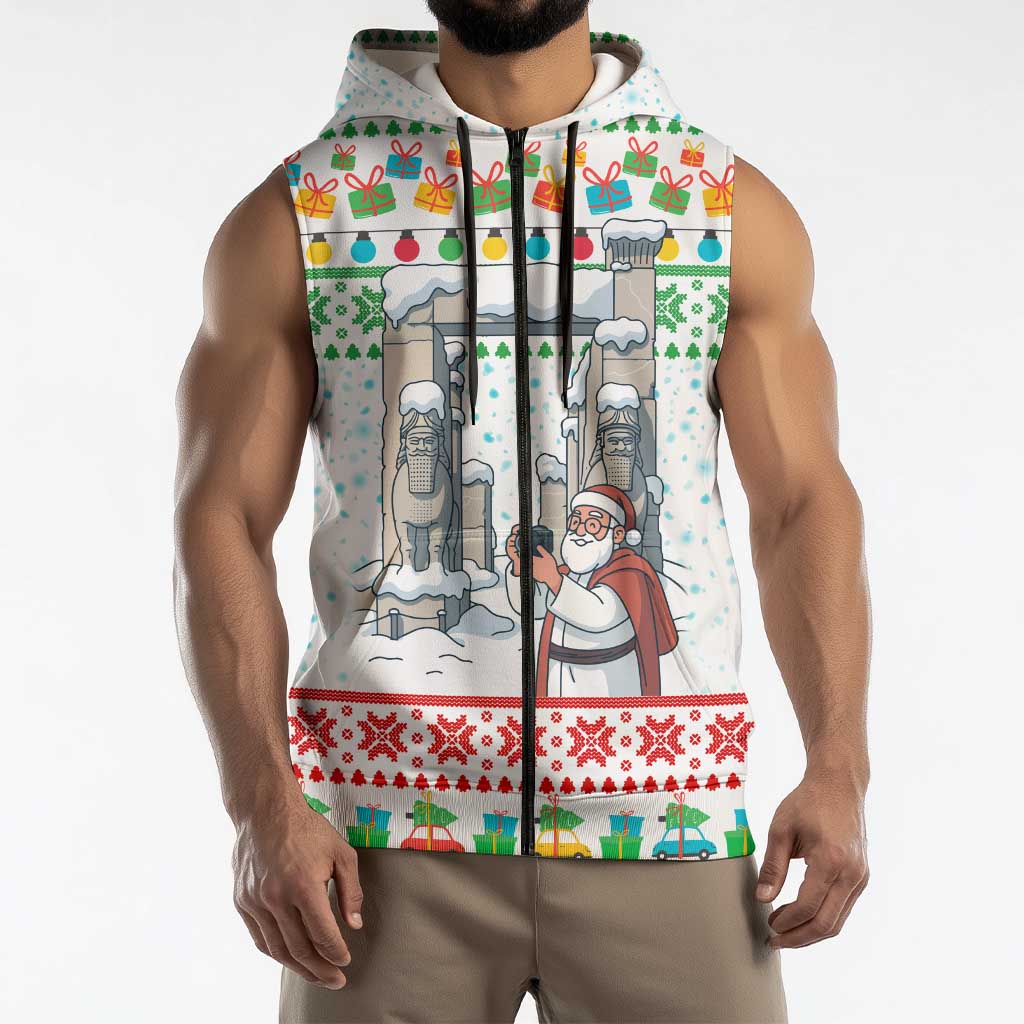 Iran Christmas Sleeveless Zip Hoodie with Santa Taking Photos Ancient Columns and Snowflake Gift Pattern - Wonder Print Shop