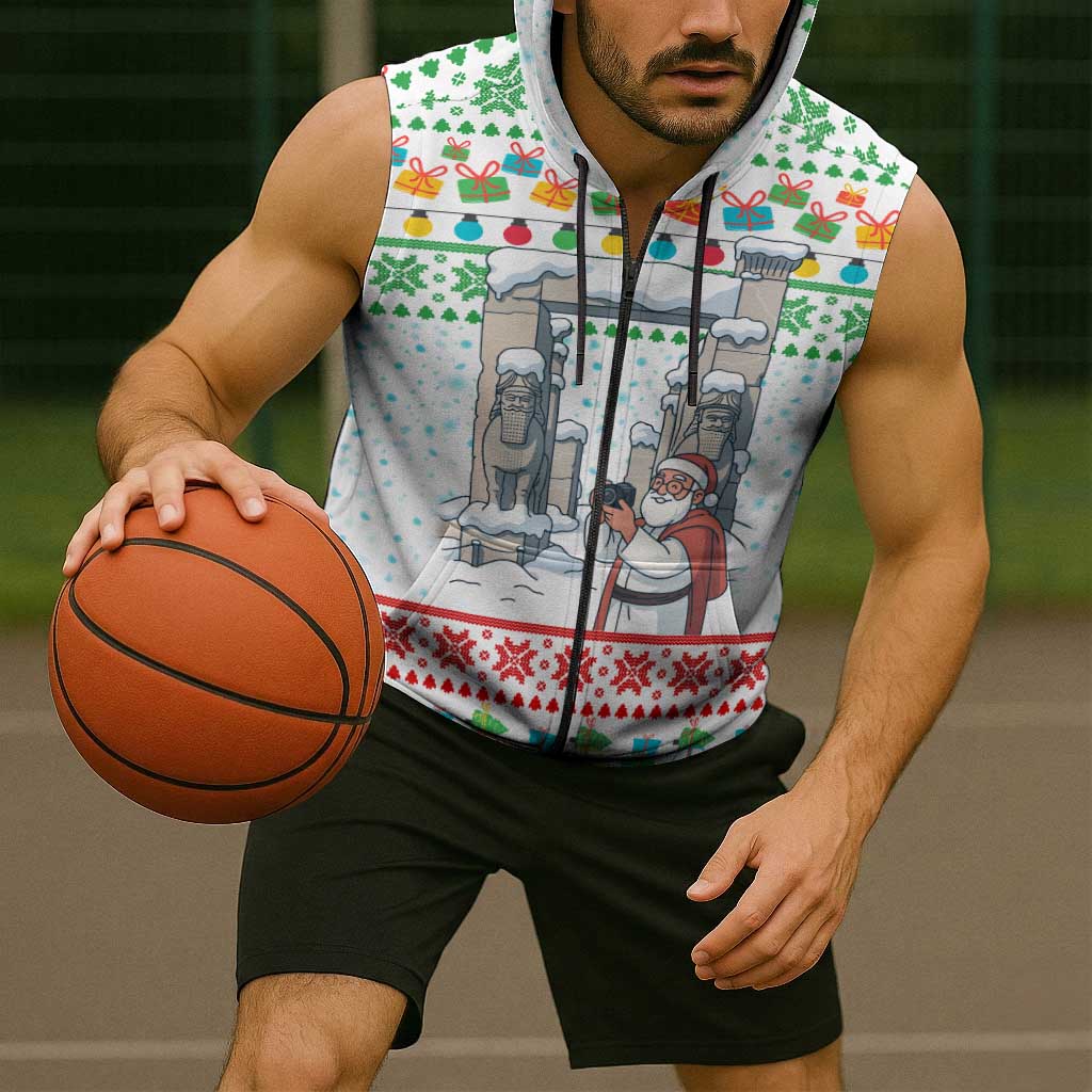 Iran Christmas Sleeveless Zip Hoodie with Santa Taking Photos Ancient Columns and Snowflake Gift Pattern - Wonder Print Shop