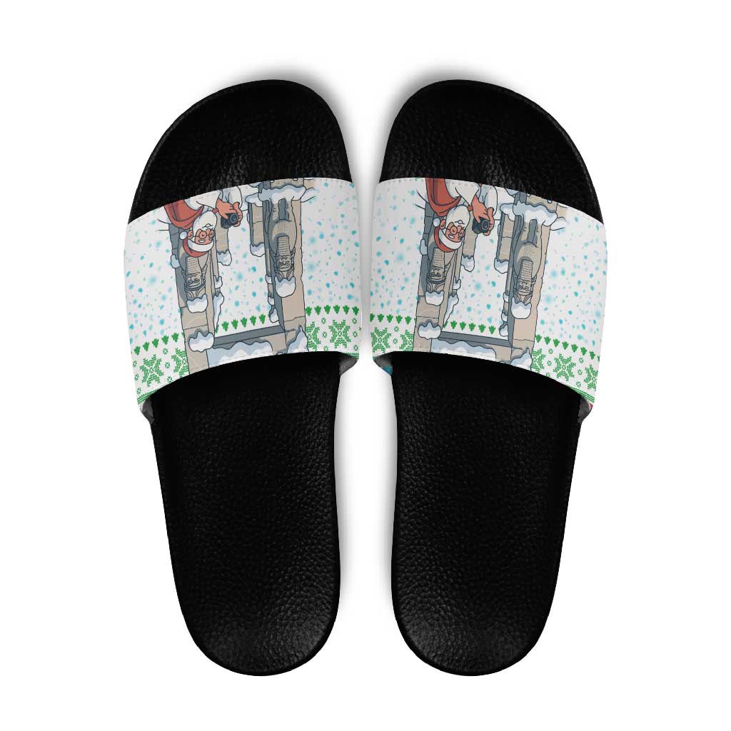 Iran Christmas Slide Sandals with Santa Taking Photos Ancient Columns and Snowflake Gift Pattern - Wonder Print Shop
