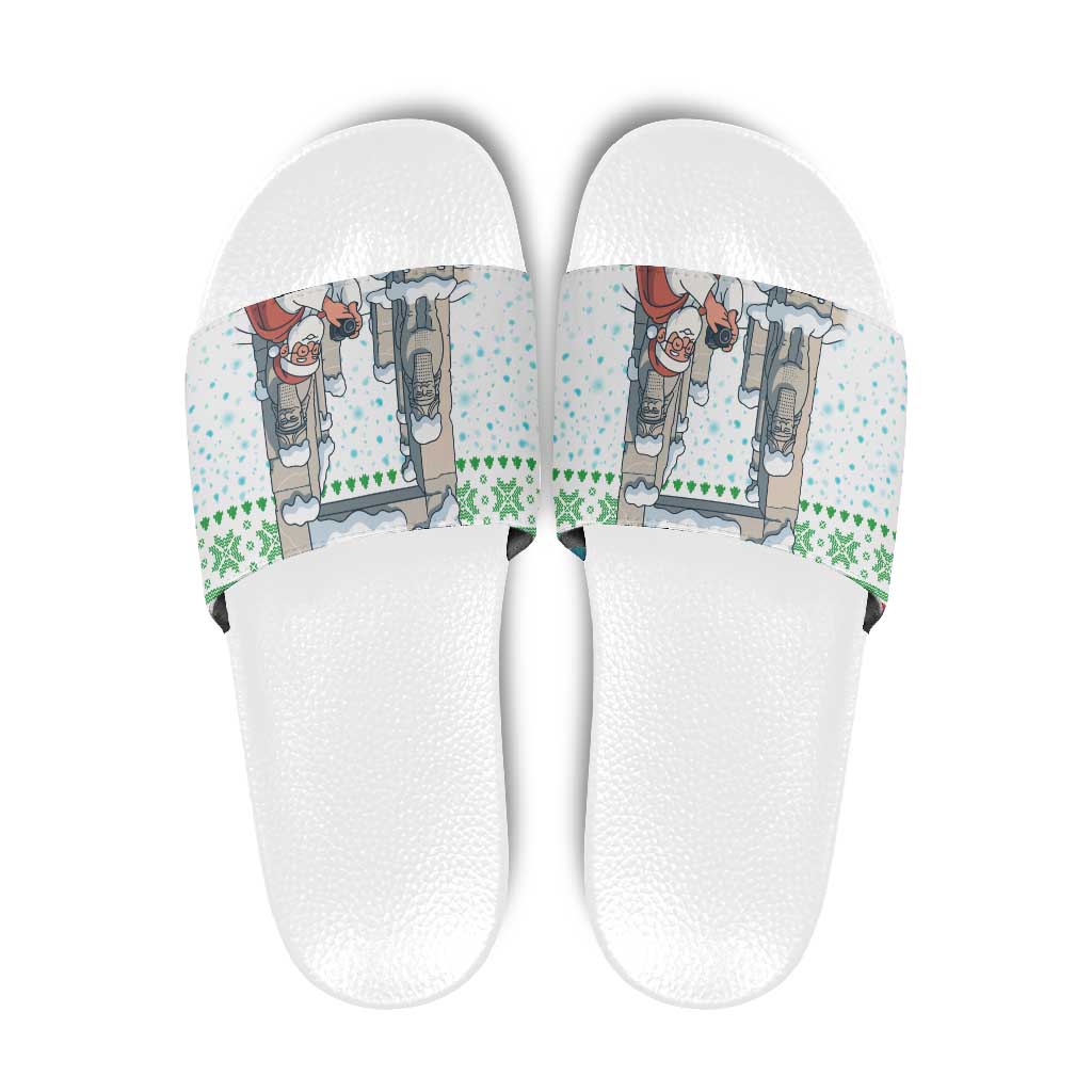 Iran Christmas Slide Sandals with Santa Taking Photos Ancient Columns and Snowflake Gift Pattern - Wonder Print Shop