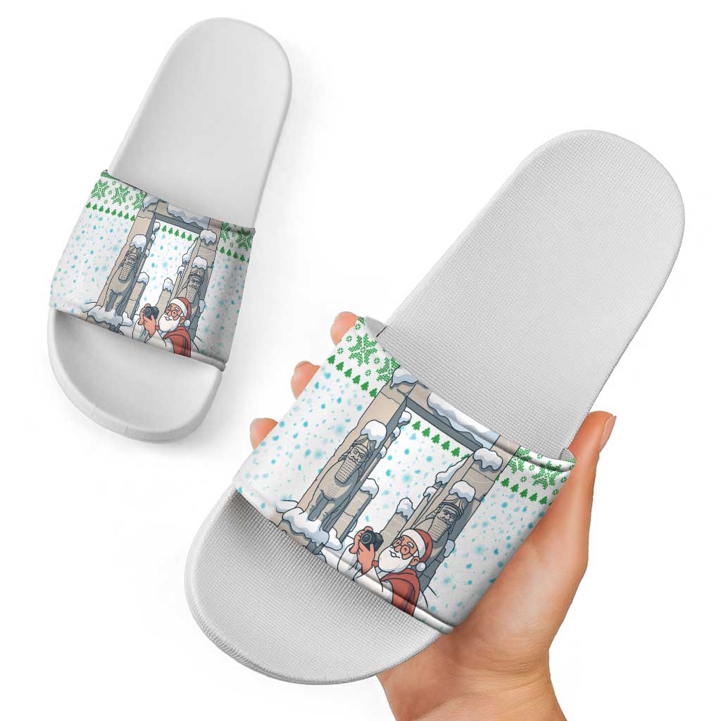 Iran Christmas Slide Sandals with Santa Taking Photos Ancient Columns and Snowflake Gift Pattern - Wonder Print Shop