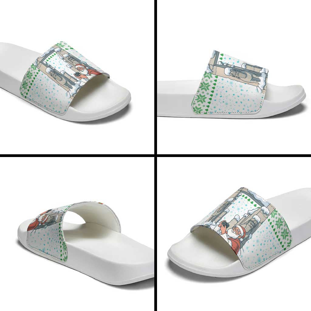 Iran Christmas Slide Sandals with Santa Taking Photos Ancient Columns and Snowflake Gift Pattern - Wonder Print Shop