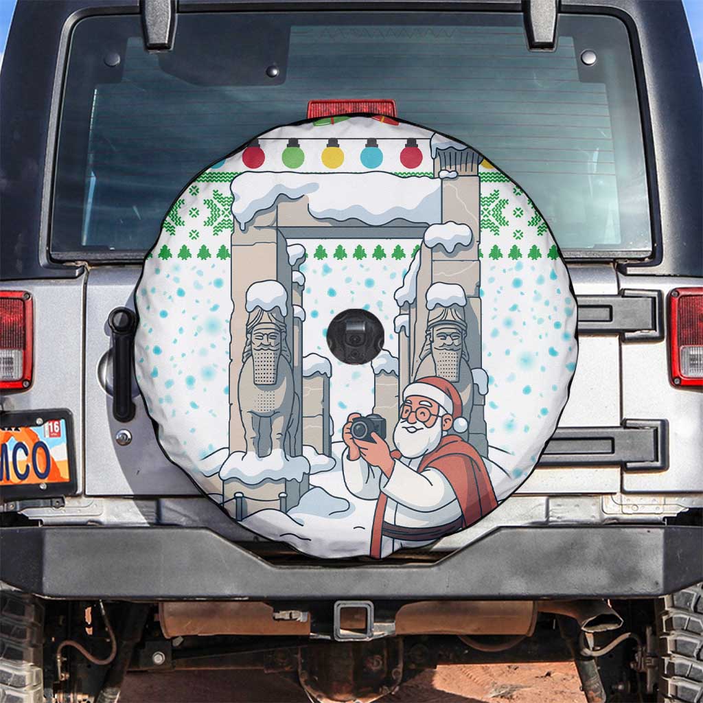 Iran Christmas Spare Tire Cover with Santa Taking Photos Ancient Columns and Snowflake Gift Pattern - Wonder Print Shop