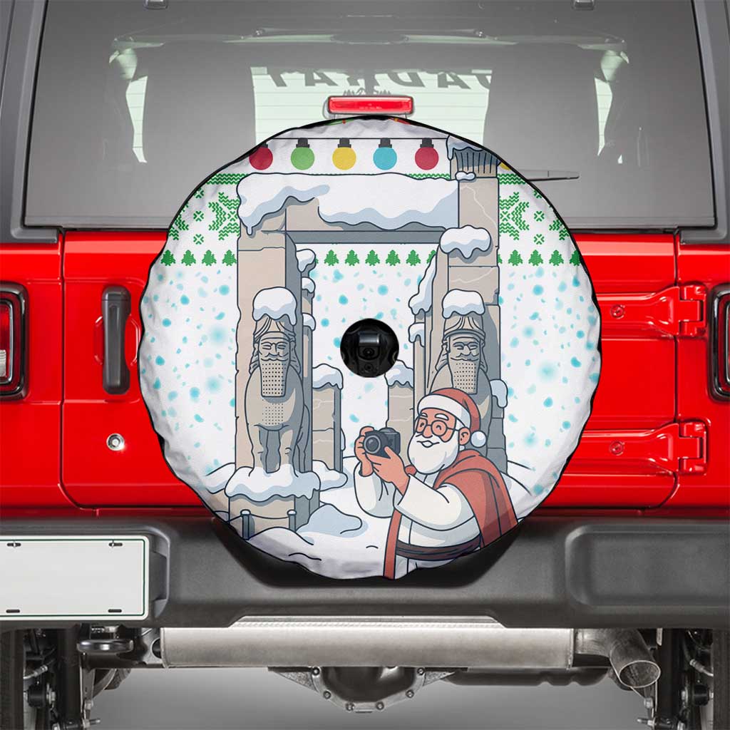 Iran Christmas Spare Tire Cover with Santa Taking Photos Ancient Columns and Snowflake Gift Pattern - Wonder Print Shop