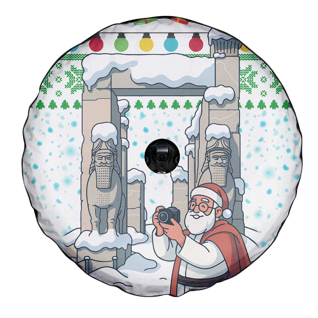 Iran Christmas Spare Tire Cover with Santa Taking Photos Ancient Columns and Snowflake Gift Pattern - Wonder Print Shop
