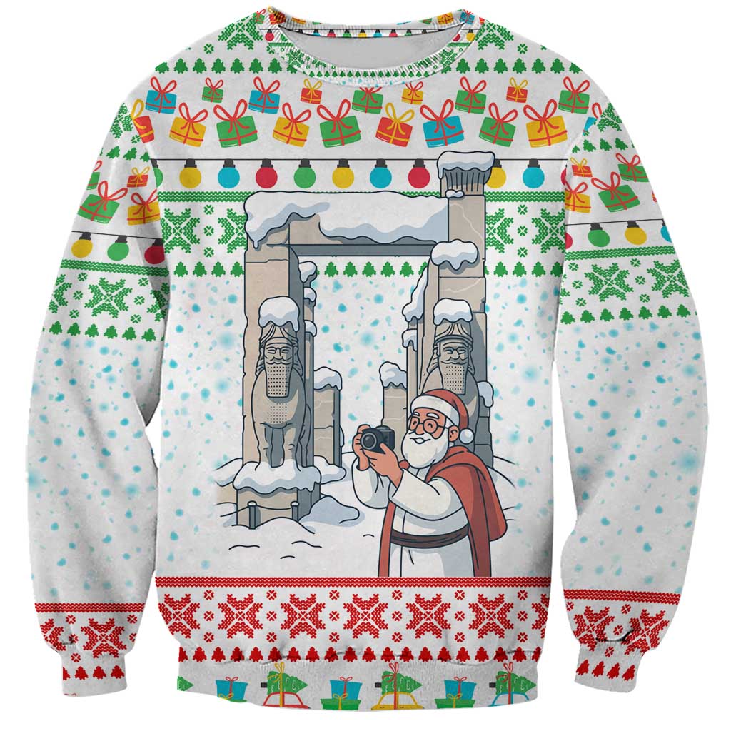 Iran Christmas Sweatshirt with Santa Taking Photos Ancient Columns and Snowflake Gift Pattern - Wonder Print Shop
