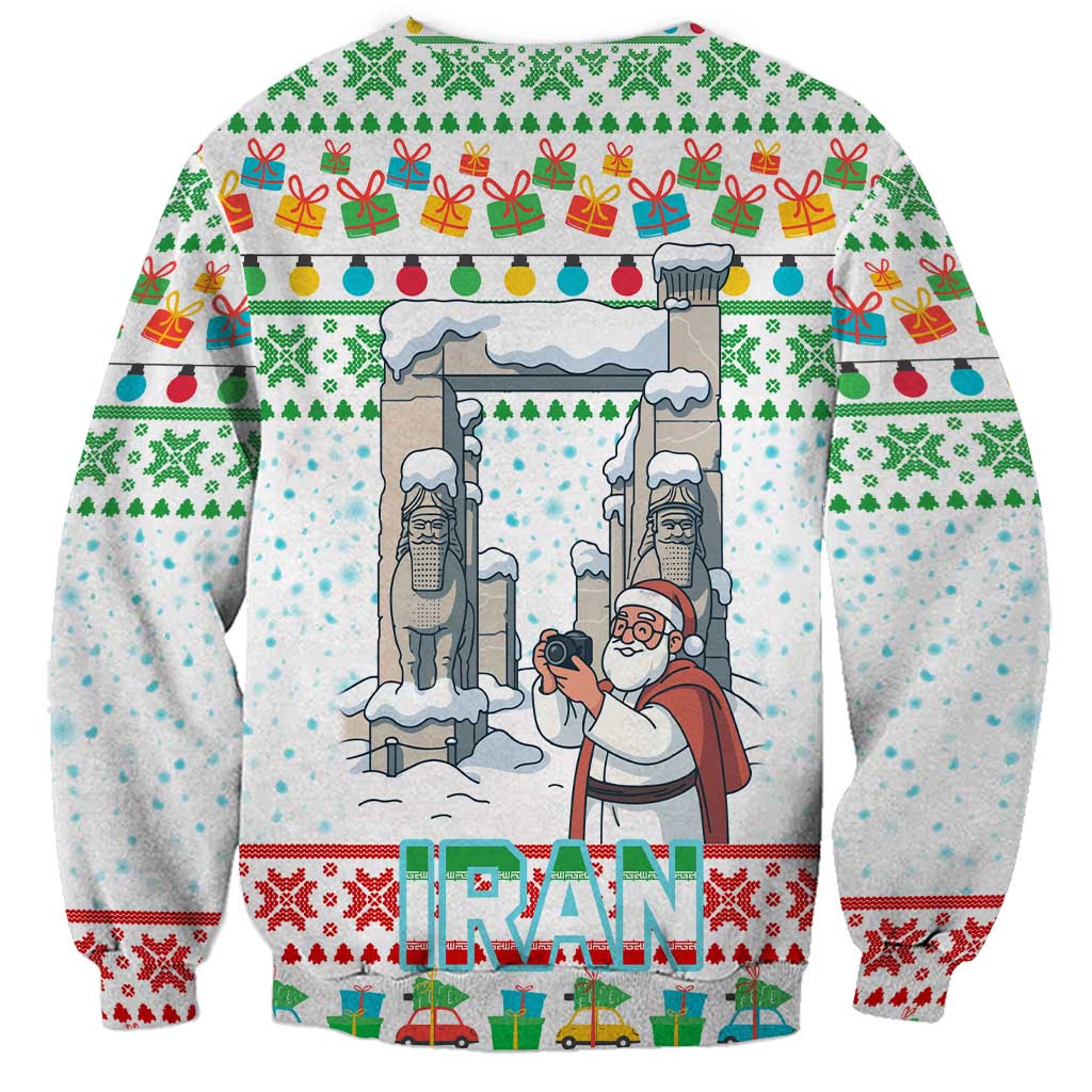 Iran Christmas Sweatshirt with Santa Taking Photos Ancient Columns and Snowflake Gift Pattern - Wonder Print Shop
