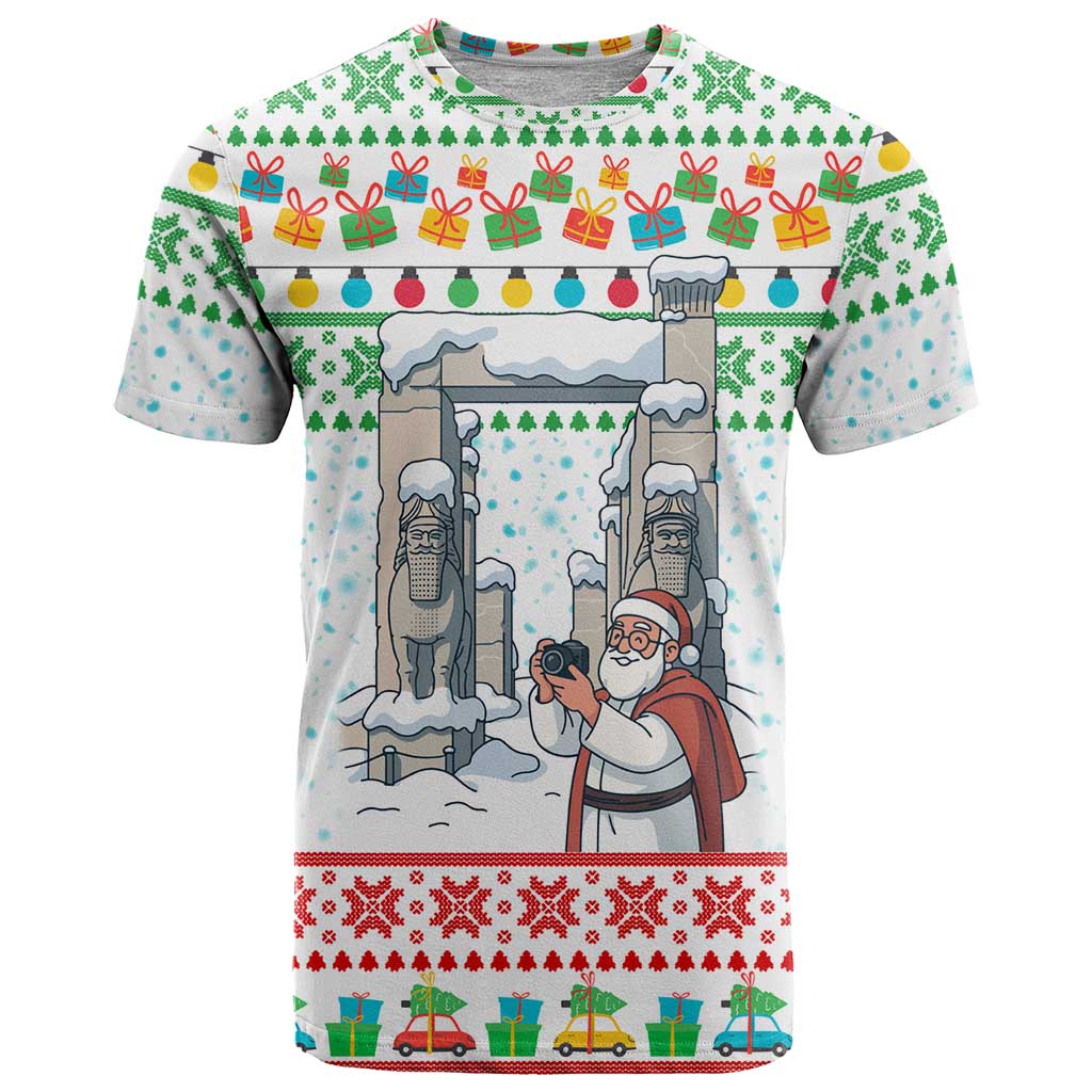 Iran Christmas T Shirt with Santa Taking Photos Ancient Columns and Snowflake Gift Pattern - Wonder Print Shop